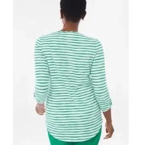 Chico’s Zenergy Sand Sun & Fun Green White‎ Stripe Shirt Top Womens Small (504) - Picture 2 of 7